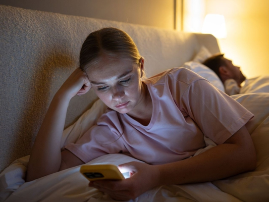 Woman using a phone in bed with a dimly lit room