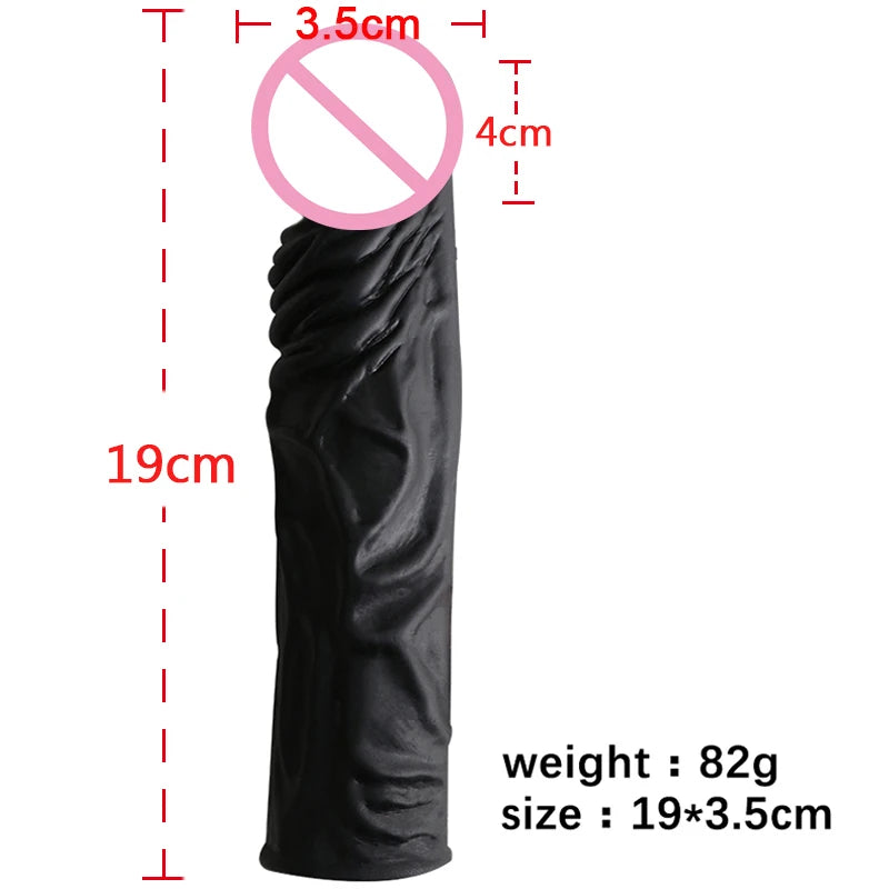 Large Black Elastic Penis Extender Sleeve - Reusable Silicone Condom