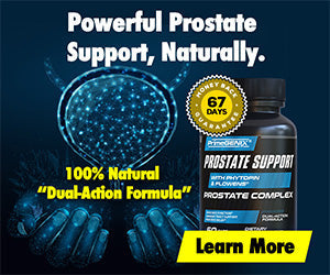 Advertisement for prostate support supplement with text and product image on a dark background