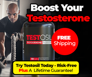 Advertisement for Testosil testosterone supplement with a man lifting weights and promotional text.